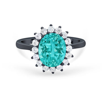 Halo Floral Oval Engagement Bridal Ring Black Tone, Simulated Paraiba Tourmaline CZ 925 Sterling Silver